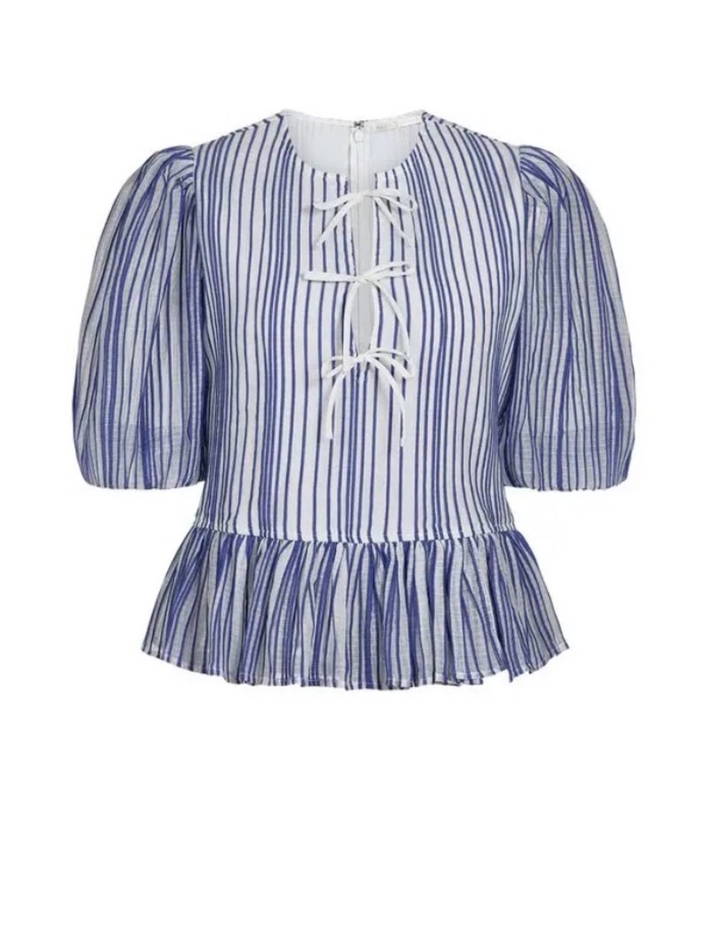 Marie Oliver Blue and White Striped Puff-Sleeve Peplum Top